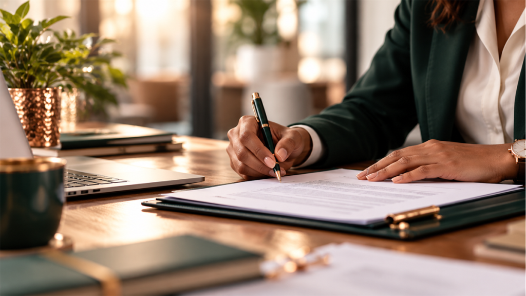Employment agreement being reviewed and signed at a desk