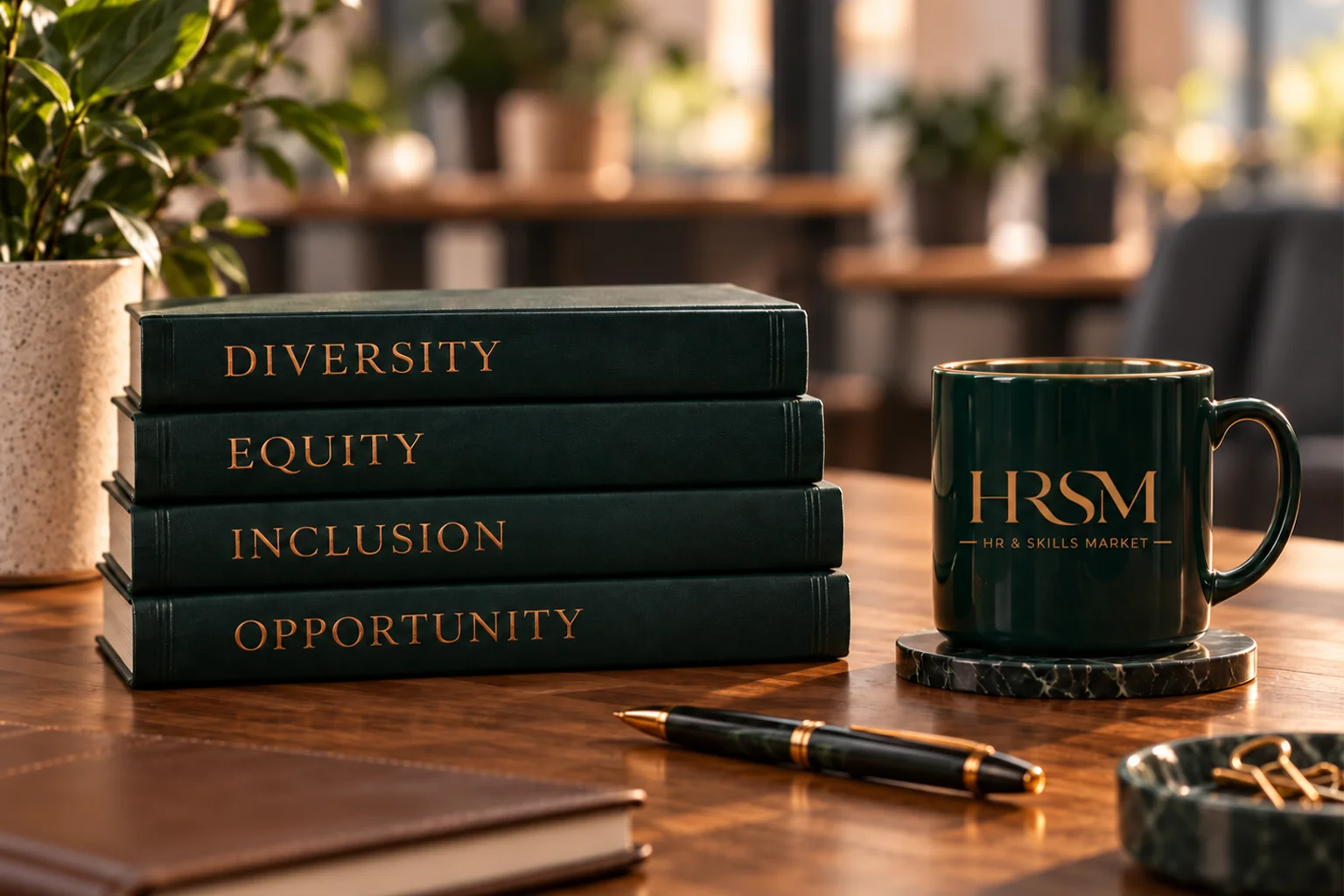 Employment equity support desk with HRSM mug and books labelled Diversity, Equity, Inclusion and Opportunity