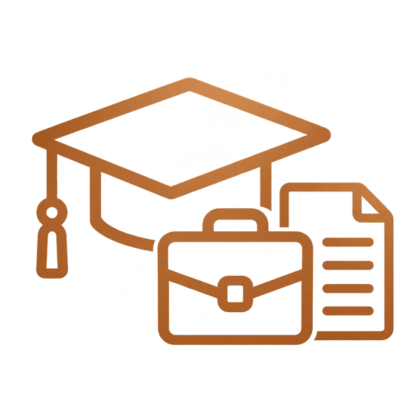 Copper graduation cap, briefcase and document for employment equity and skills development