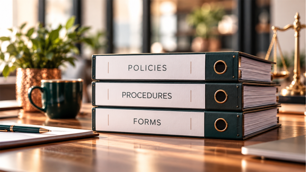 Organised policies, procedures and forms binders for HR compliance